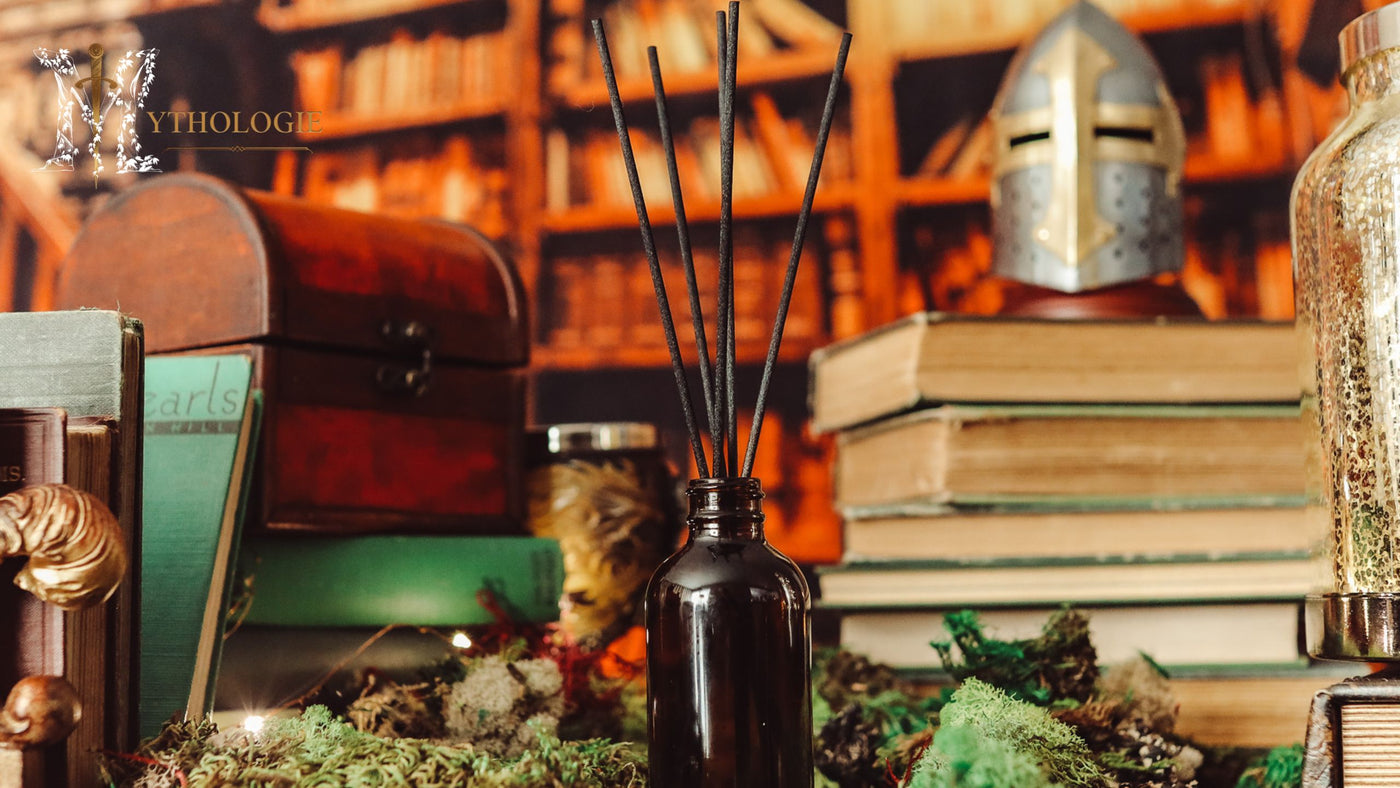 Mythologie Reed Diffuser in a Library filled with old books