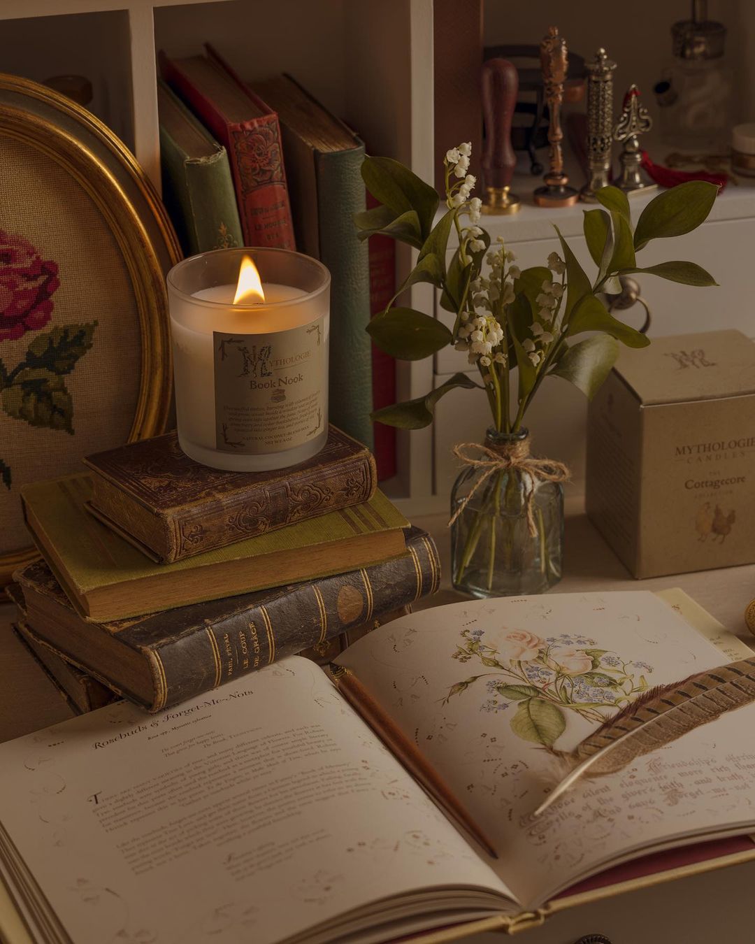 books and a cottagecore candle