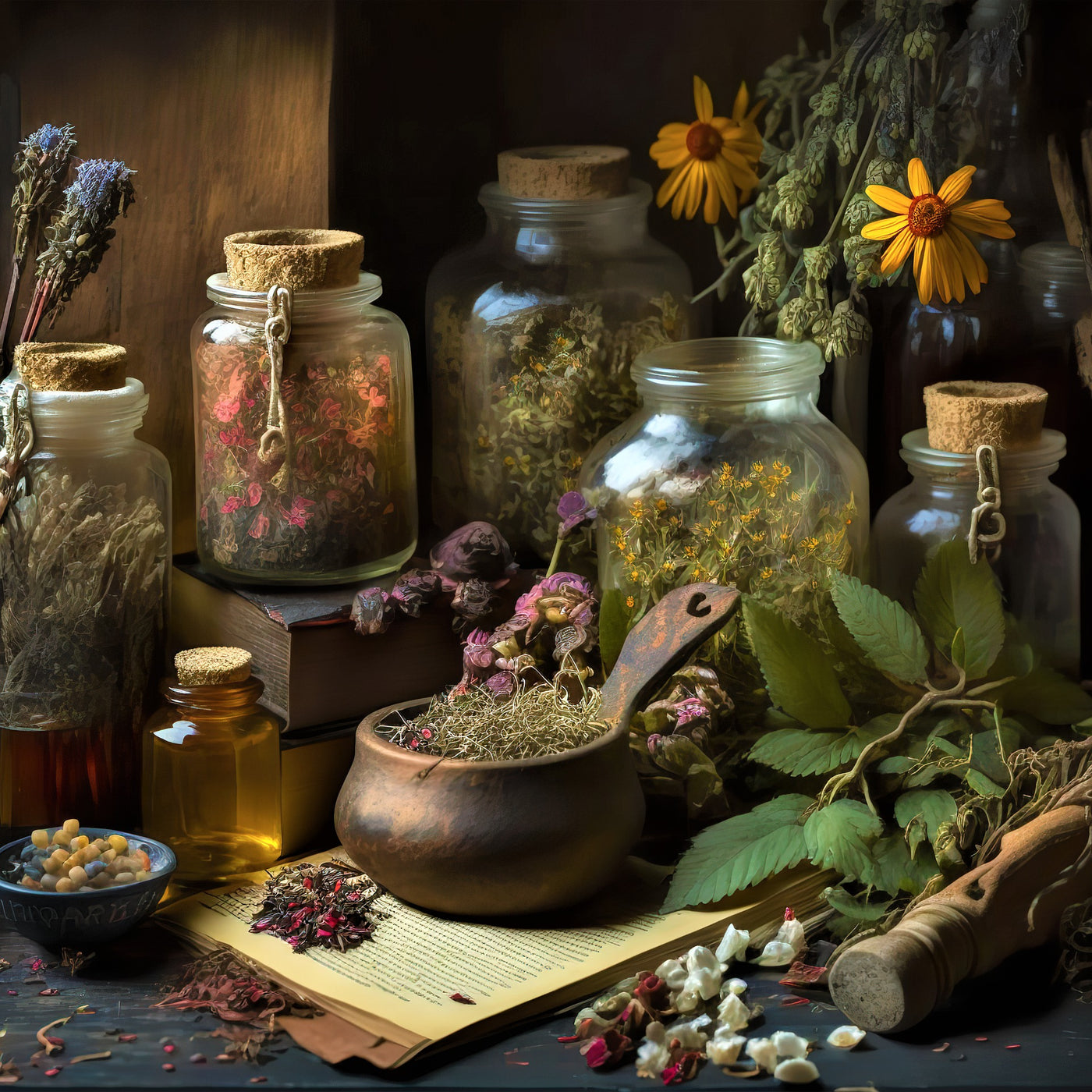 dried herbs and old jars