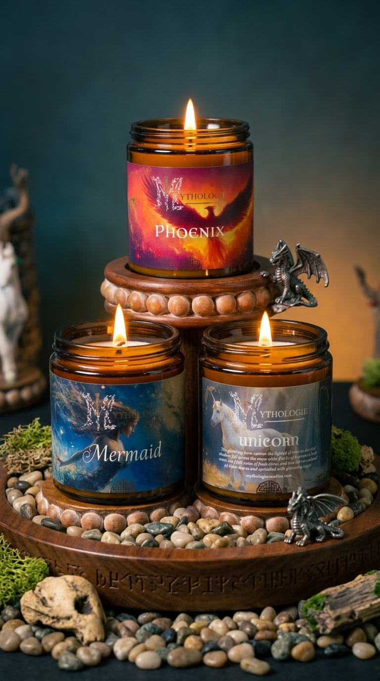 Three lit candles on a decorative stand with 'Phoenix', 'Mermaid', and 'Unicorn' labels against a dark background.