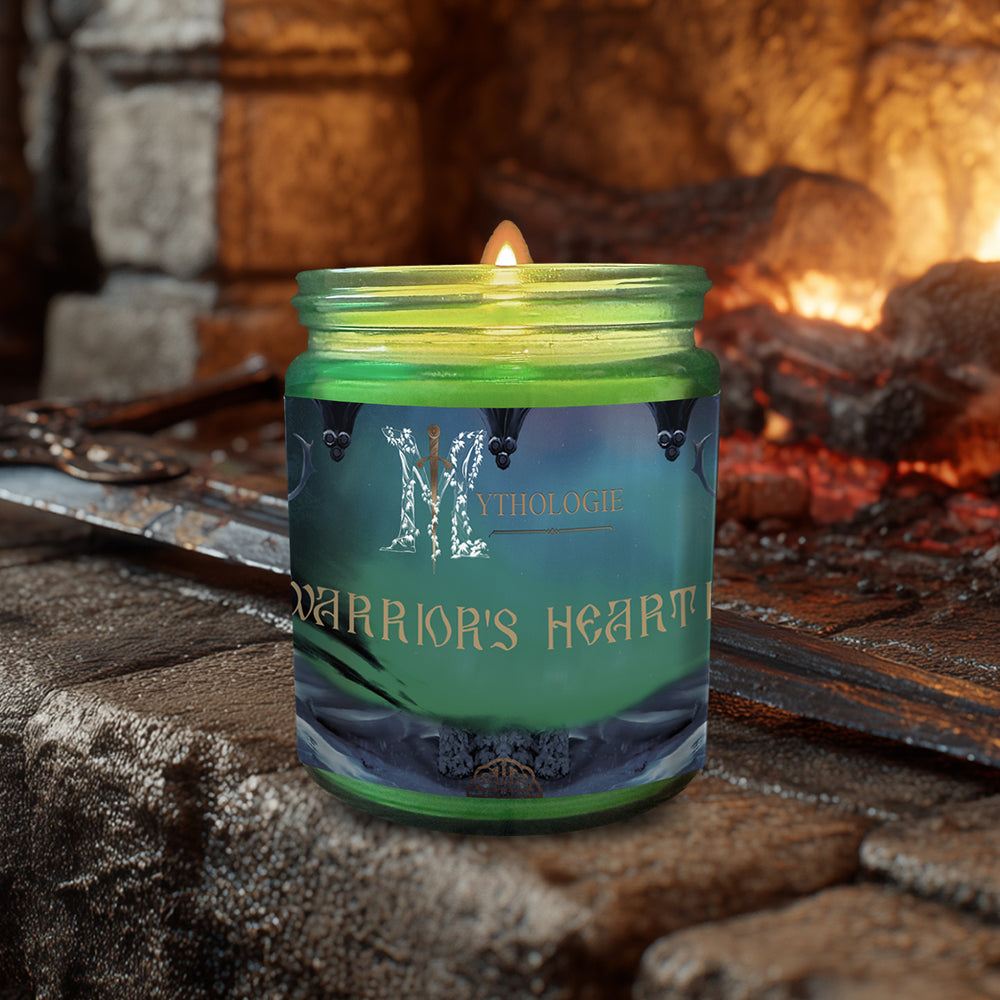 Candle labeled 'Warrior's Hearth' by Mythologie in front of a fireplace.
