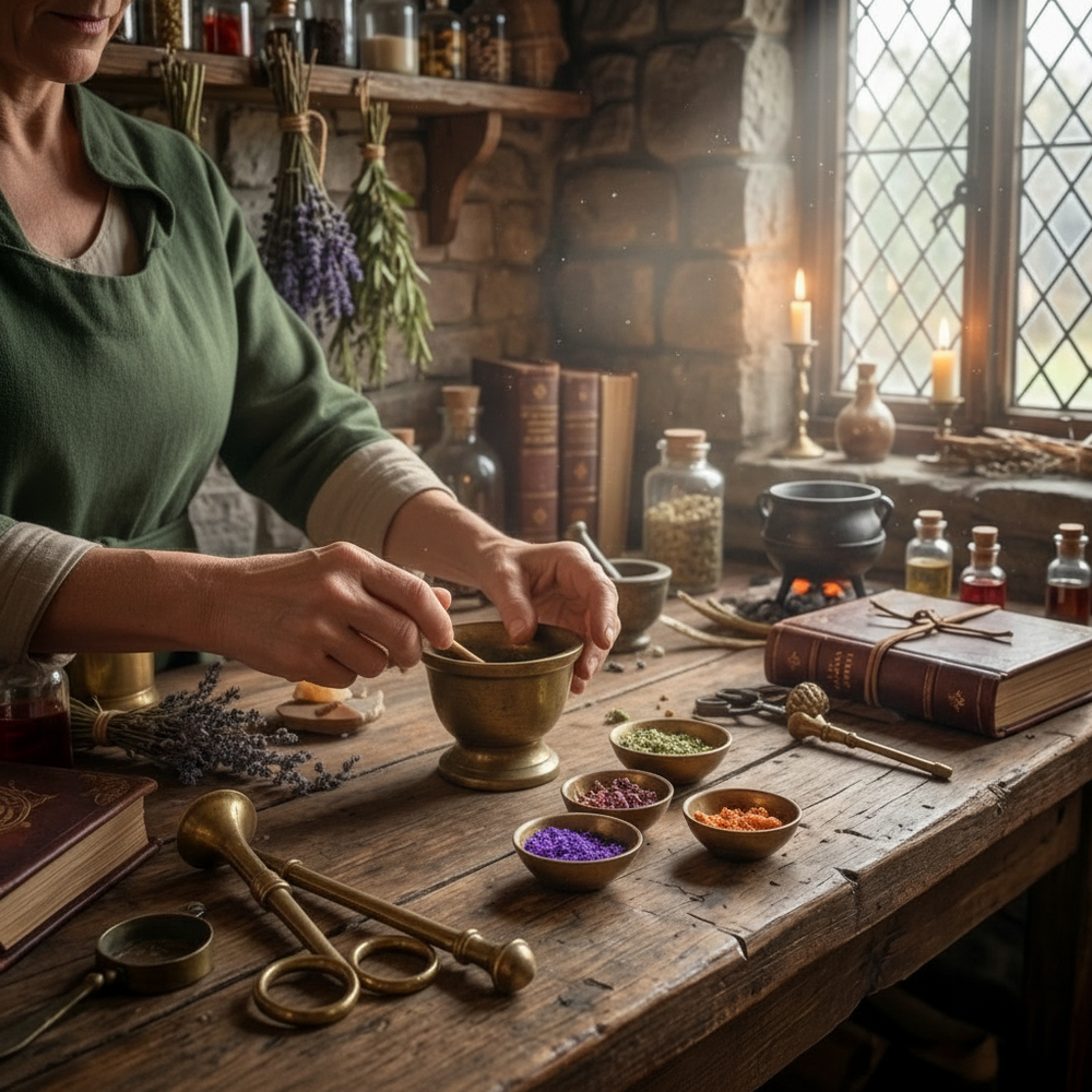 Candle labeled 'The Enchanter's Workshop' on a wooden table with herbs and books in a rustic setting.