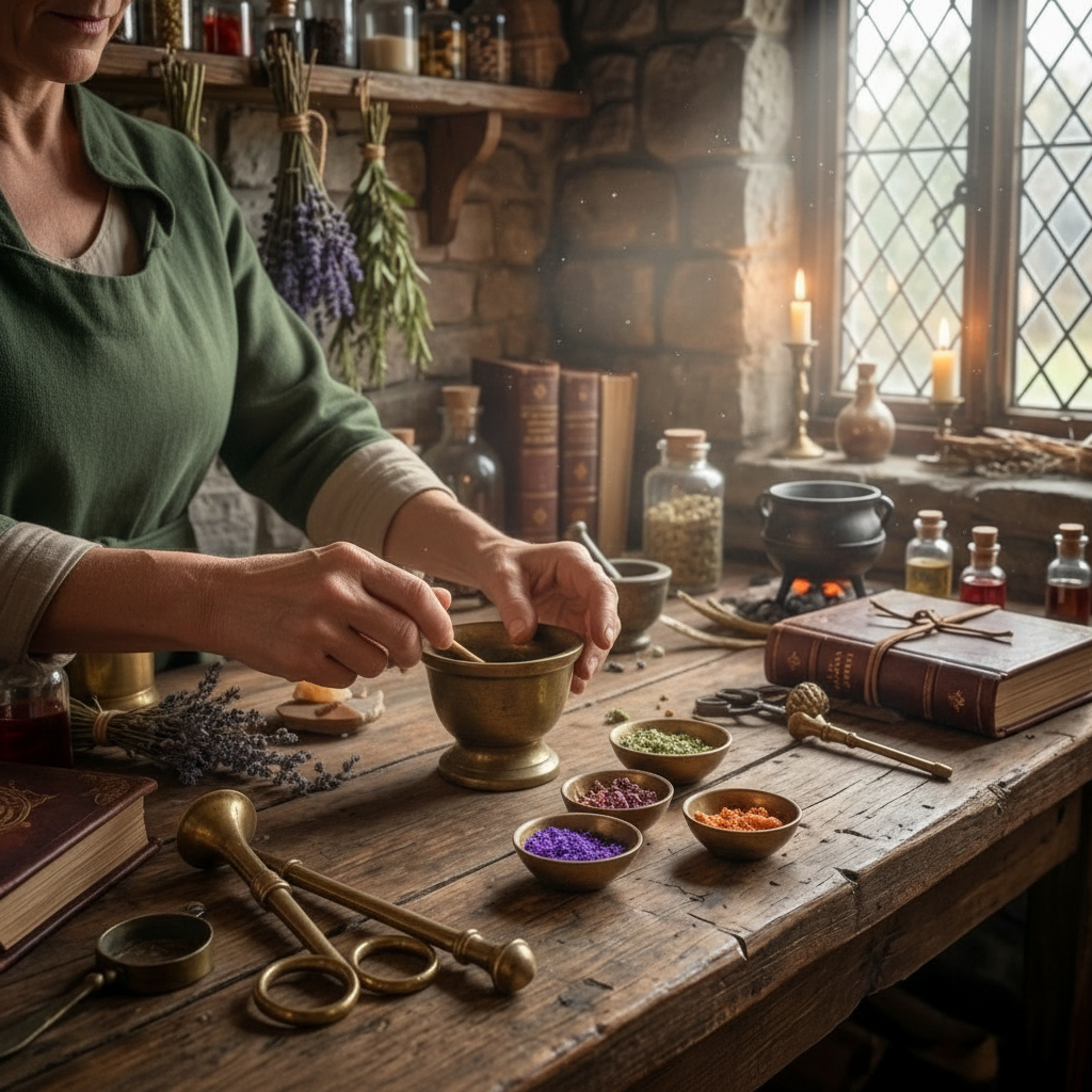 Candle labeled 'The Enchanter's Workshop' on a wooden table with herbs and books in a rustic setting.