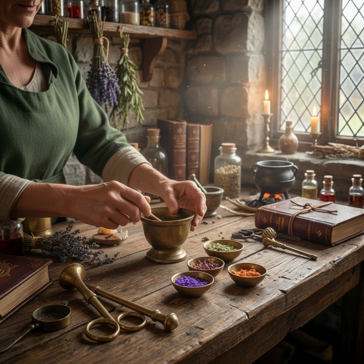 Candle labeled 'The Enchanter's Workshop' on a wooden table with herbs and books in a rustic setting.