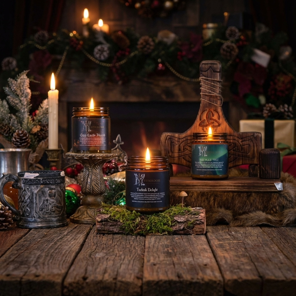 Candles and a mug on a wooden table with a festive background